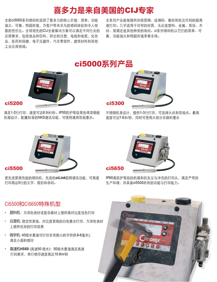 喜多力ci5000系列小字符噴碼機功能比較